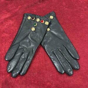 Black Leather Gloves with Faux Gems